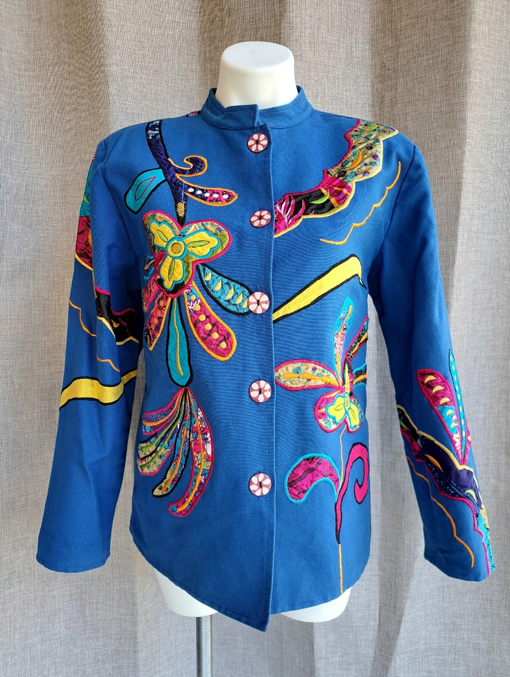 Vintage Blue Colorful Artsy Applique Jacket Coat Blazer Eclectic Bohemian Size M